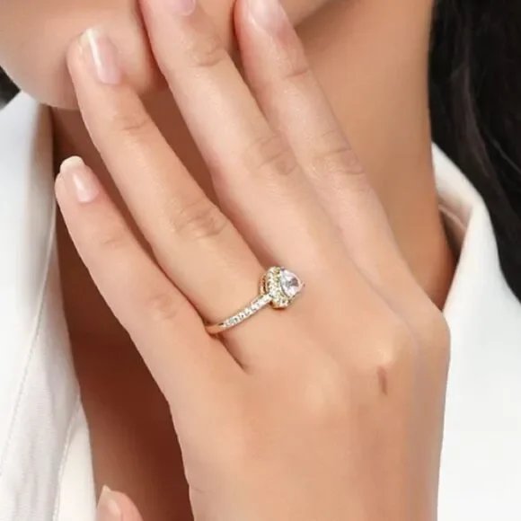 18K Yellow Gold and White Diamond Cubic Zirconia Halo Heart Engagement Ring